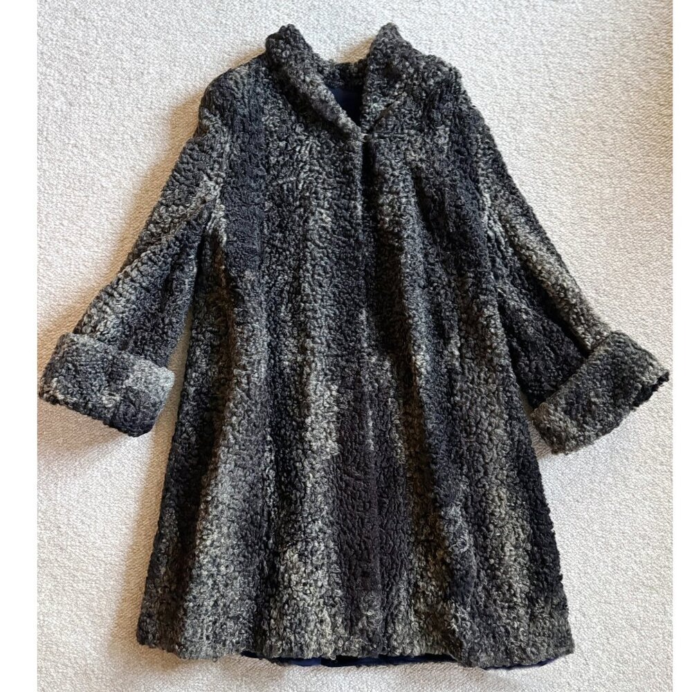 Persian Lamb Black Italian Designed, curly lamb fur coat for woman, below knee